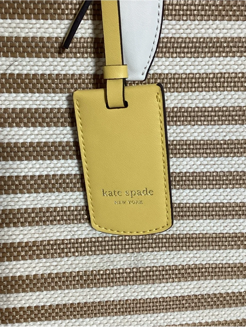 Kate Spade Market Stripe Medium Parchment Color Woven Canvas Tote Bag w/ Charm